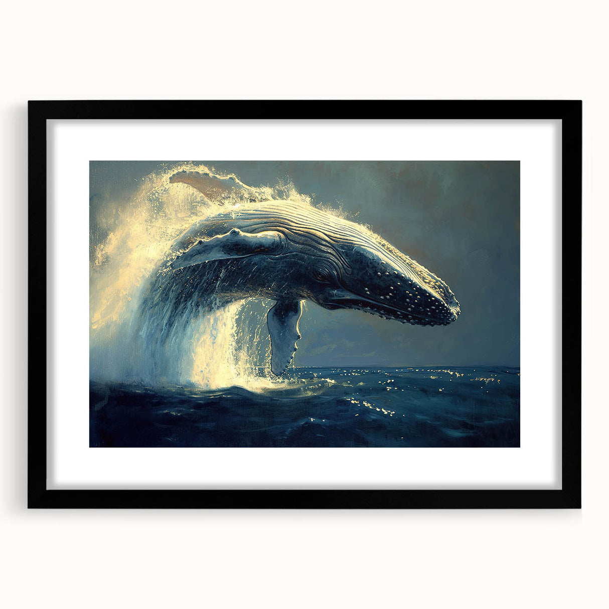 Framed wall art featuring a striking black whale design with a mat, set against a sleek black background, perfect for marine life enthusiasts and home decor.