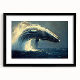 Framed wall art featuring a striking black whale design with a mat, set against a sleek black background, perfect for marine life enthusiasts and home decor.