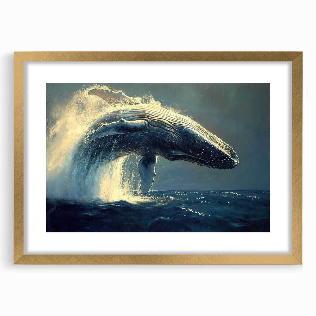 Elegant wall art featuring a marine life whale design, framed with a gold mat, showcasing intricate details and vibrant colors, perfect for ocean-themed decor.
