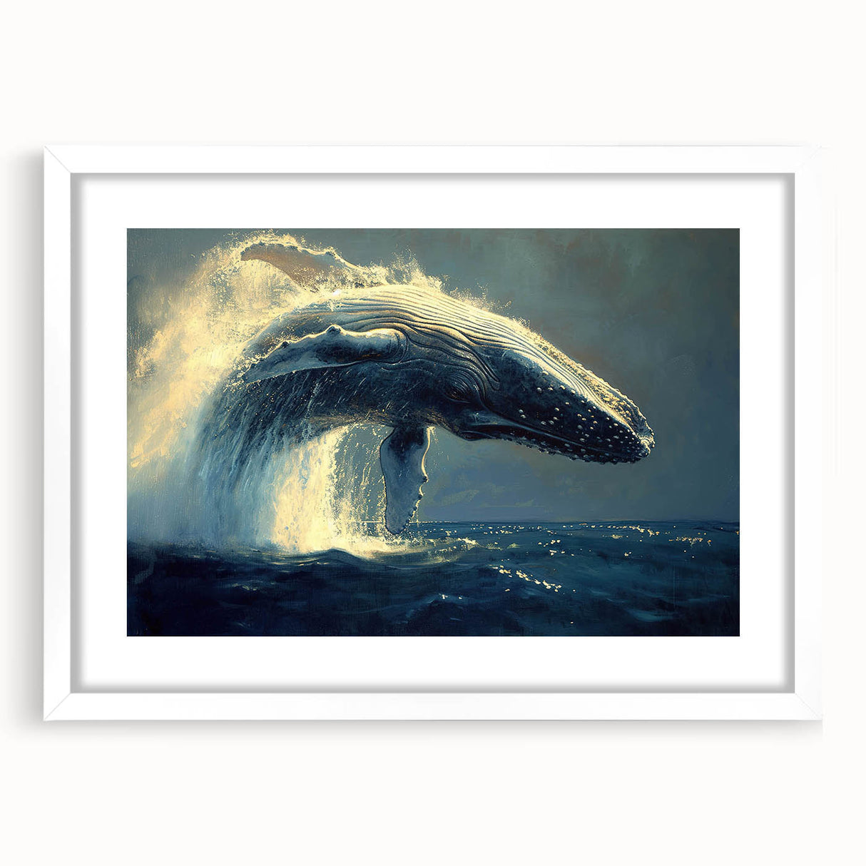 Framed wall art featuring a detailed design of a whale, showcasing marine life in vibrant colors against a white mat, perfect for ocean-themed decor.