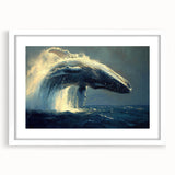Framed wall art featuring a detailed design of a whale, showcasing marine life in vibrant colors against a white mat, perfect for ocean-themed decor.