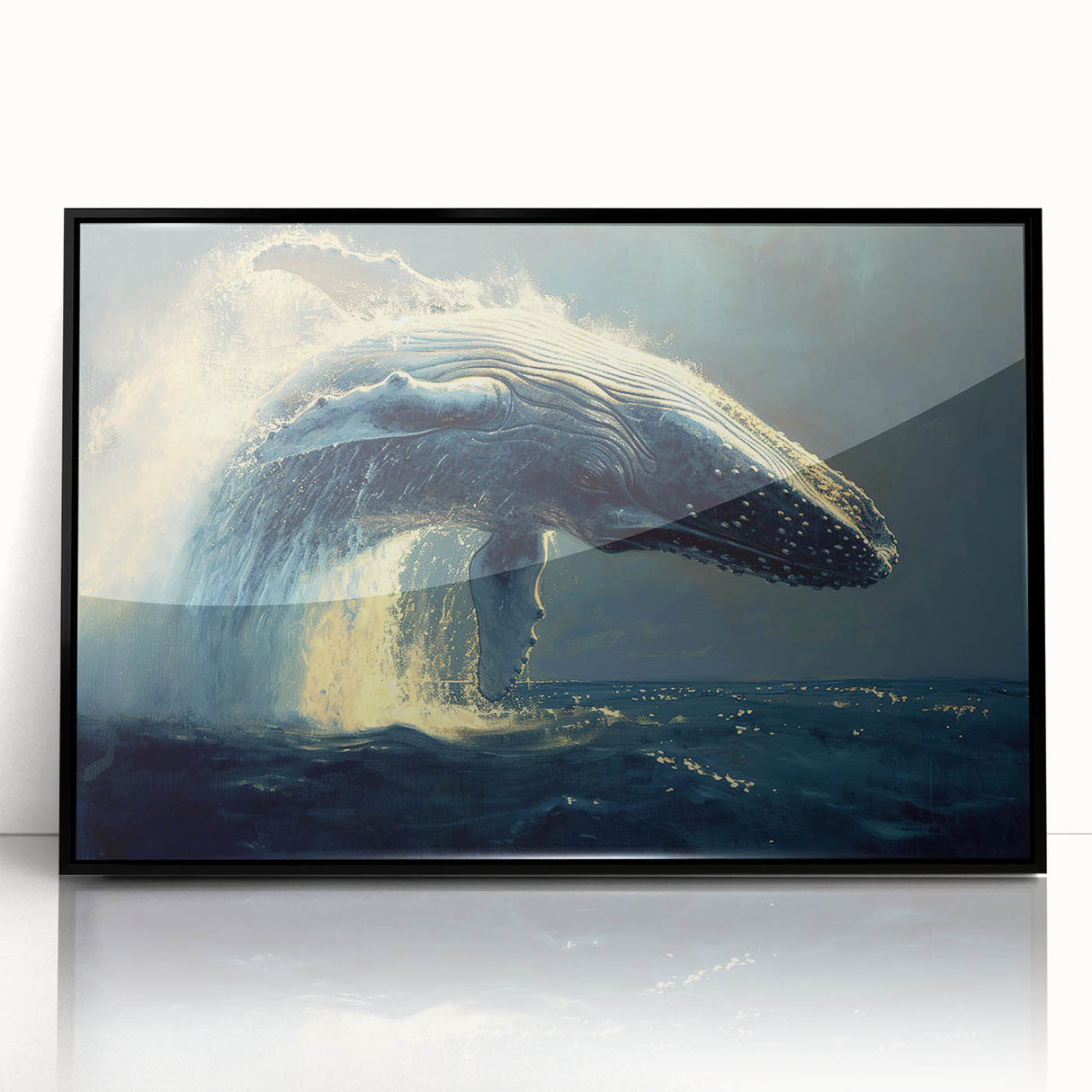 Framed wall art featuring a striking whale design in vibrant marine colors, set against a sleek black frame, perfect for ocean-themed decor enthusiasts.
