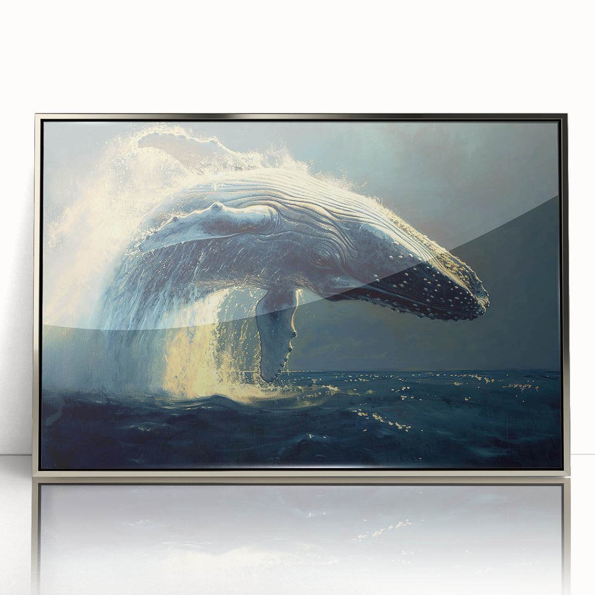 Framed acrylic wall art featuring a detailed marine life design with a majestic whale, set against a silver border, perfect for ocean-themed decor.