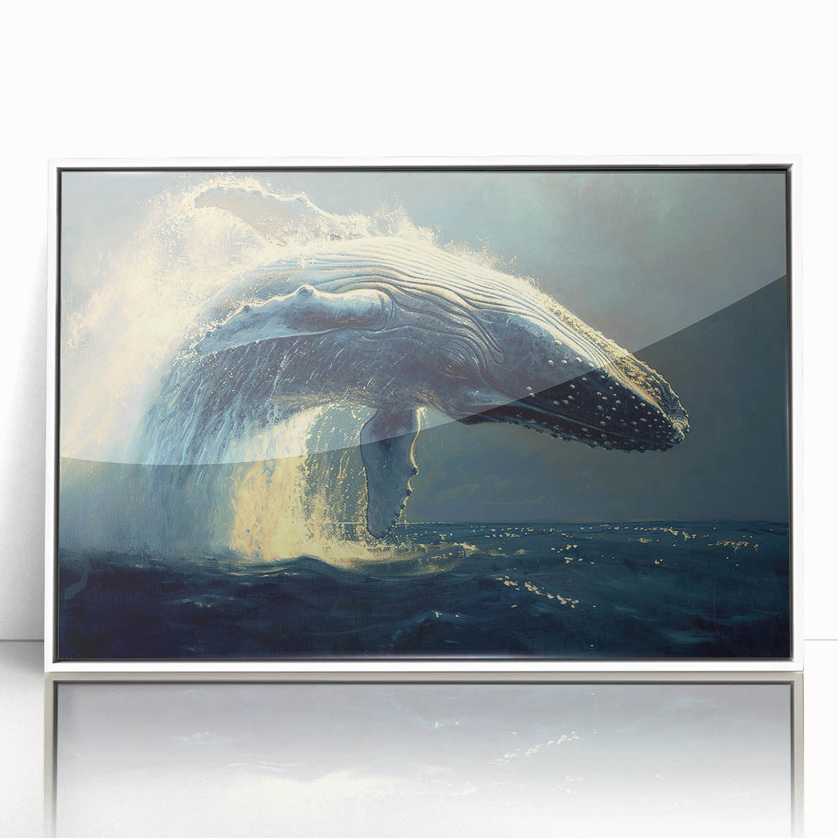 Framed wall art featuring a detailed marine life design of a whale, presented in a white frame with an acrylic front. Ideal for ocean-themed decor.