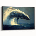 Framed wall art featuring a detailed whale design in vibrant blues and greens, set against a sleek black frame, ideal for marine life enthusiasts.