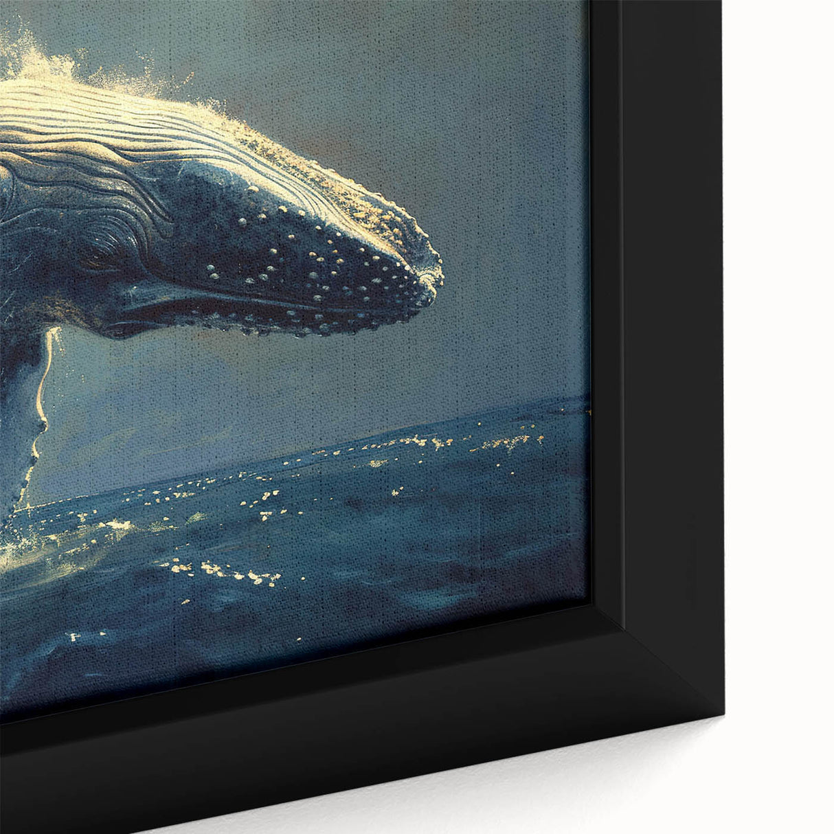 Close-up of a framed canvas wall art depicting a detailed illustration of a majestic whale swimming through vibrant marine life, showcasing intricate designs and rich colors, perfect for ocean-themed decor.