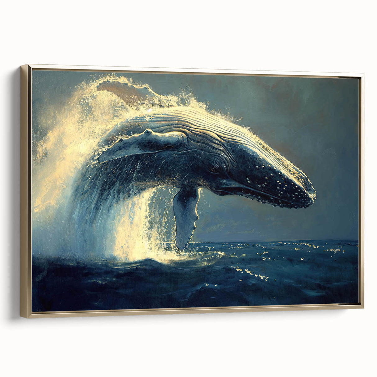 Framed canvas wall art showcasing a vibrant marine life design featuring a whale, set against a golden background, ideal for ocean-themed decor.