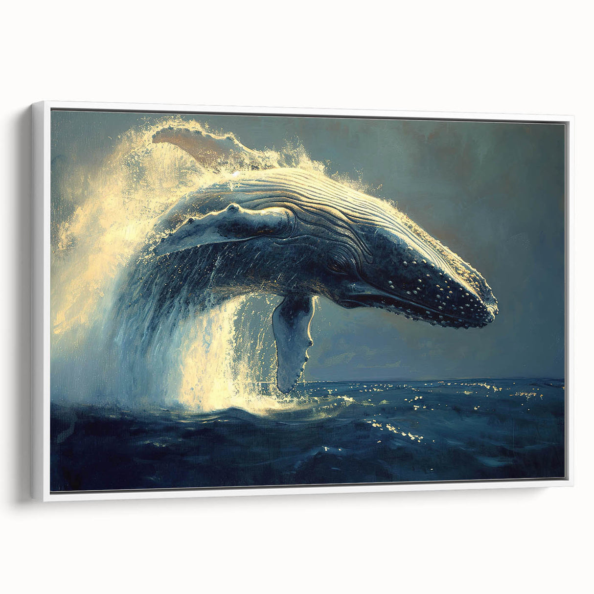 Framed canvas wall art depicting a majestic whale design in vibrant colors, showcased against a white background, ideal for marine-themed decor.