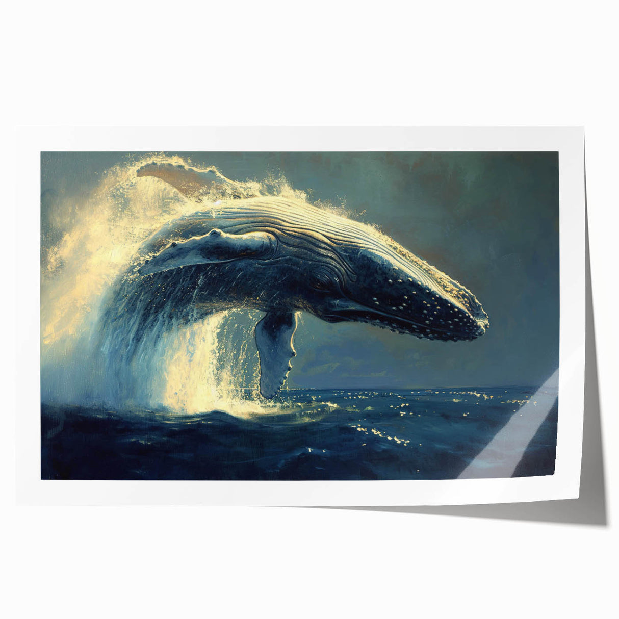 Whale-themed wall art print showcasing vibrant marine life design, featuring shades of blue and green, rolled for easy display and shipping in protective packaging.