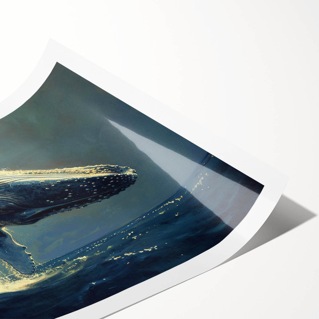 Whale-themed wall art print showcasing vibrant marine life design, featuring rich blues and greens, rolled and ready for display in any ocean-inspired decor.