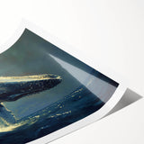 Whale-themed wall art print showcasing vibrant marine life design, featuring rich blues and greens, rolled and ready for display in any ocean-inspired decor.