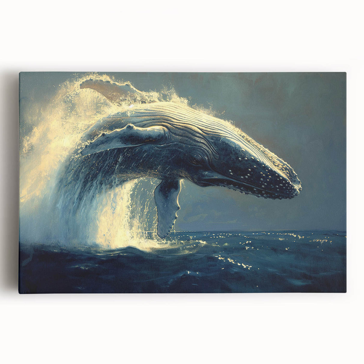Stretched canvas wall art featuring a majestic blue whale swimming gracefully in an oceanic scene, showcasing vibrant colors and intricate details, ideal for marine life enthusiasts.