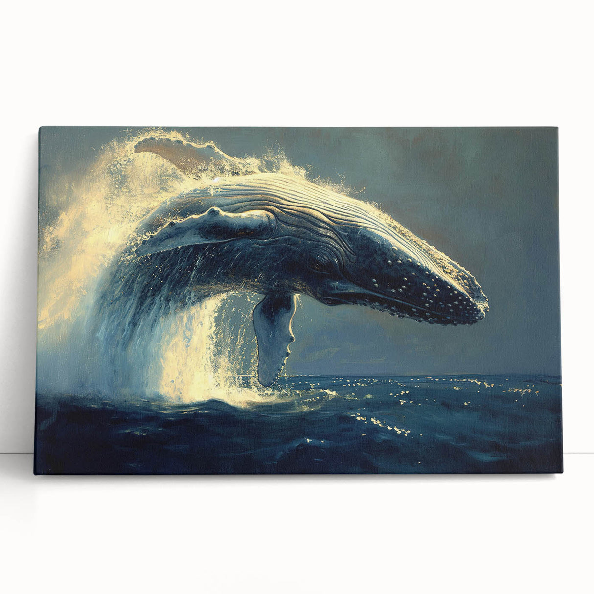 Stretched canvas wall art showcasing a vibrant marine life design with a majestic whale, perfect for ocean-themed decor, enhancing any living space.