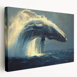 Stretched canvas wall art depicting a majestic blue whale swimming gracefully through vibrant marine life, showcasing intricate details and oceanic colors, perfect for nature lovers.