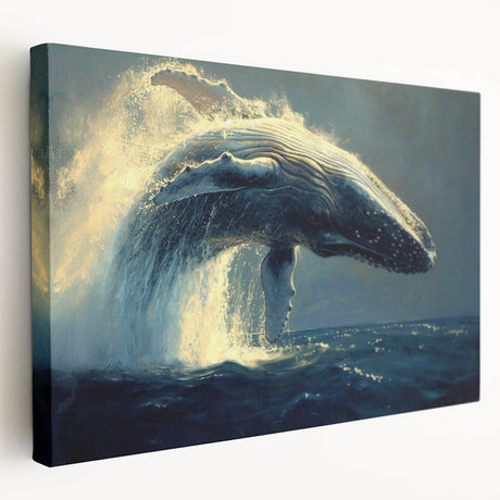 Stretched canvas wall art depicting a majestic blue whale swimming gracefully through vibrant marine life, showcasing intricate details and oceanic colors, perfect for nature lovers.