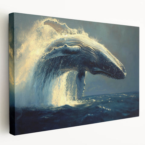 Stretched canvas wall art depicting a majestic blue whale swimming gracefully through vibrant marine life, showcasing intricate details and oceanic colors, perfect for nature lovers.