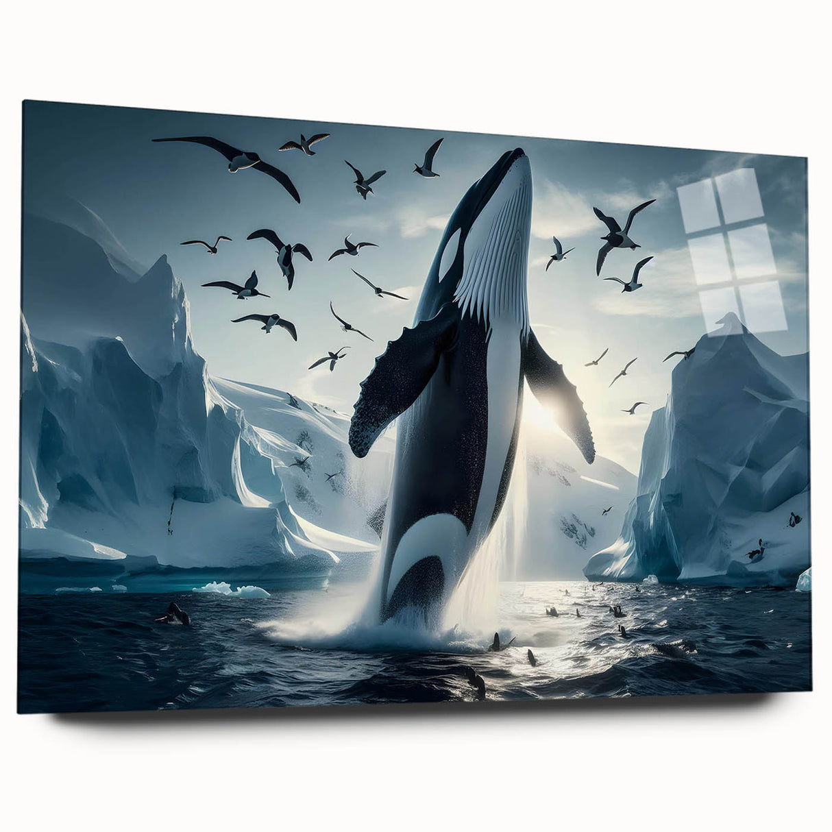 Close-up of a stunning acrylic wall art piece showcasing a detailed marine life design featuring a majestic whale in vibrant colors. Perfect for ocean-themed decor.
