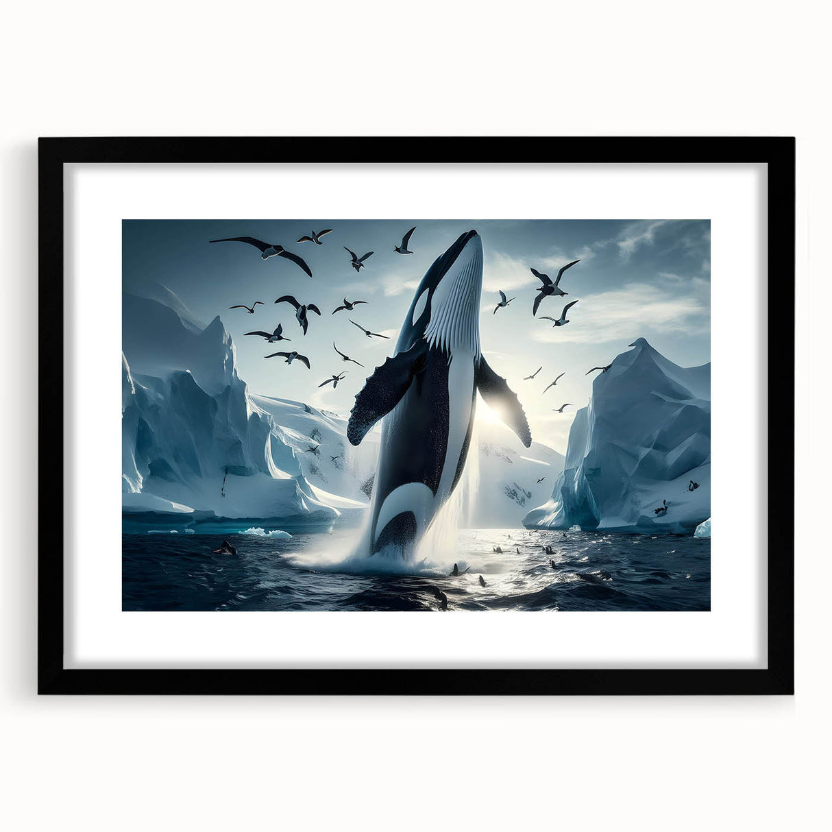Black-framed wall art showcasing a stunning marine life design featuring a whale, perfect for ocean-themed decor. Ideal for enhancing living spaces with nature-inspired aesthetics.