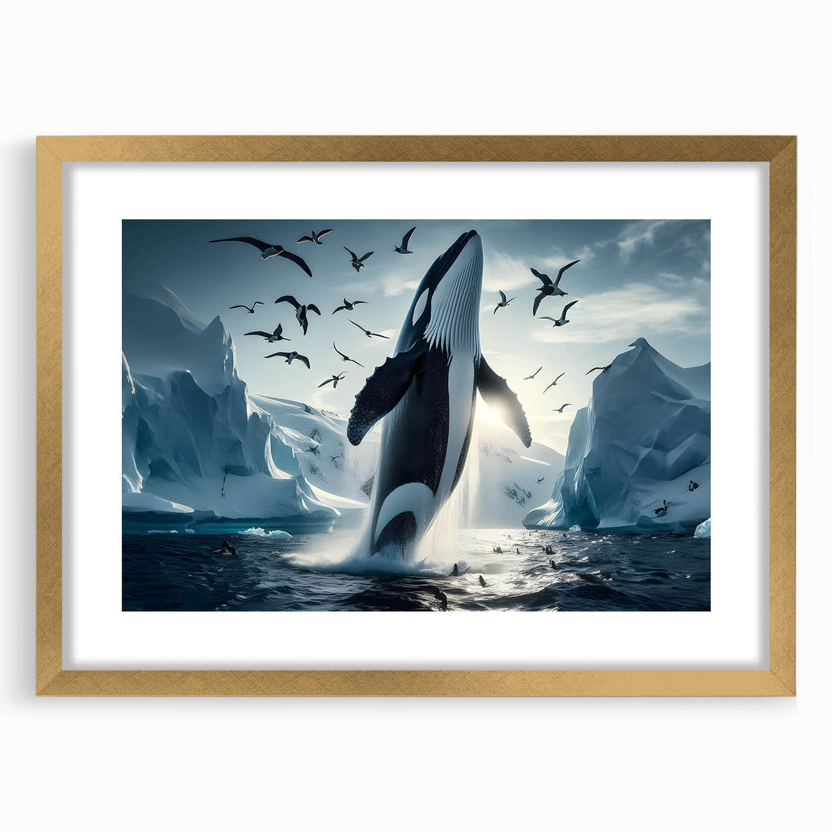 Elegant gold-framed wall art showcasing a vibrant marine life whale design, perfect for ocean-themed decor. Ideal for enhancing living spaces with nautical aesthetics.