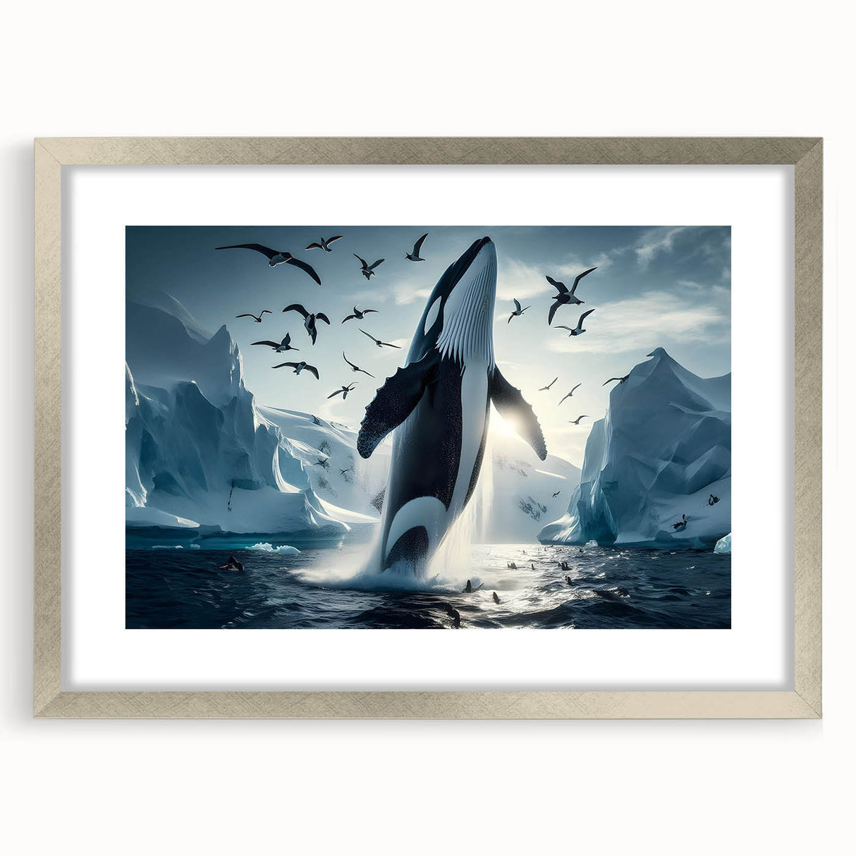 Framed wall art featuring a stunning whale design from the Marine Life collection, set in a sleek silver frame with a white mat, perfect for coastal décor enthusiasts.