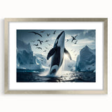 Framed wall art featuring a stunning whale design from the Marine Life collection, set in a sleek silver frame with a white mat, perfect for coastal décor enthusiasts.