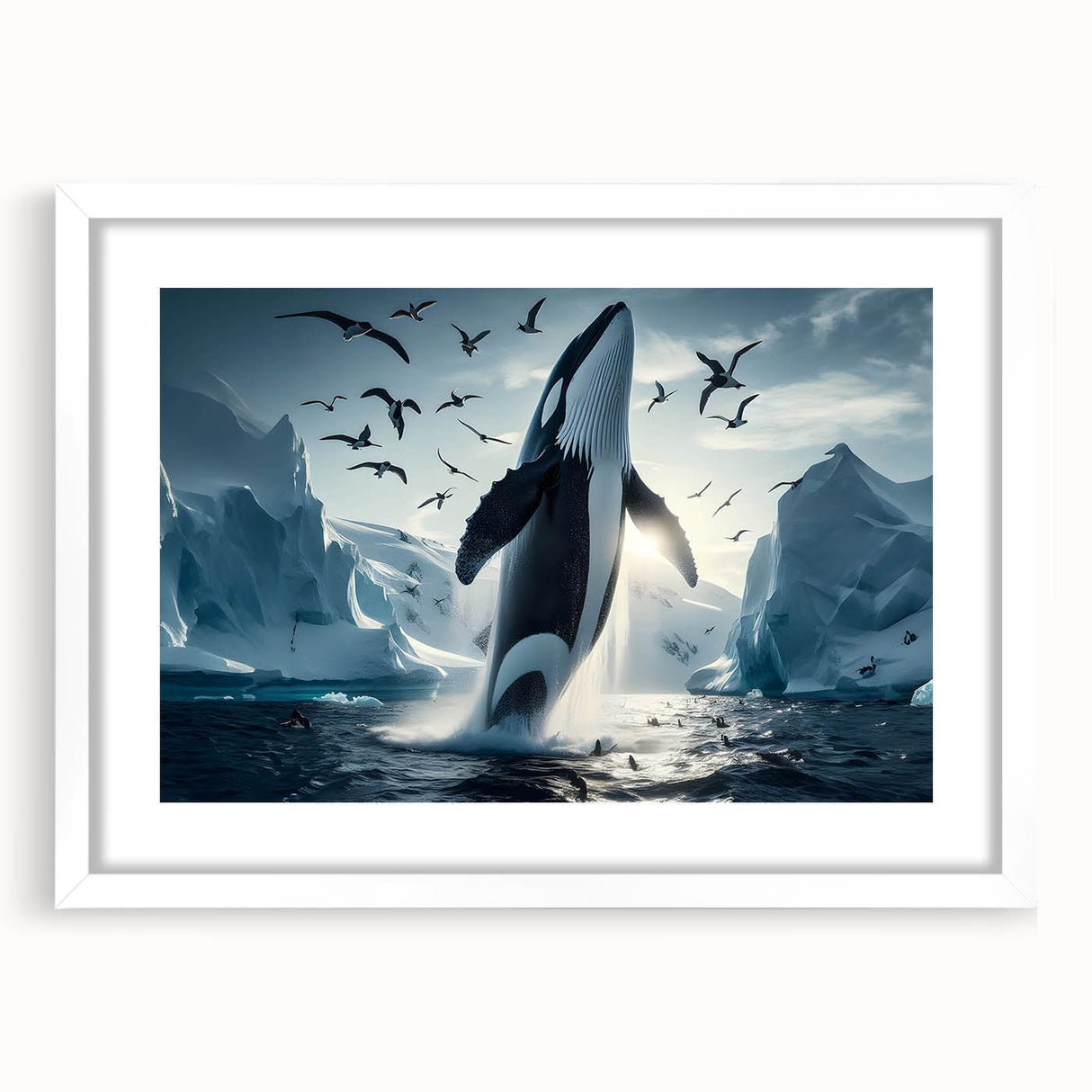 Framed wall art featuring a stunning whale design from the Marine Life collection, showcasing vibrant colors and intricate details on a white mat, perfect for ocean-themed decor.