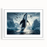 Framed wall art featuring a stunning whale design from the Marine Life collection, showcasing vibrant colors and intricate details on a white mat, perfect for ocean-themed decor.