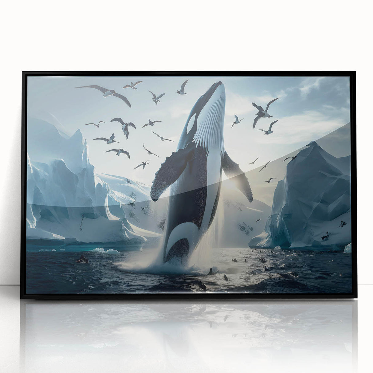 Framed wall art featuring a stunning whale design, showcasing intricate marine life details in vibrant colors, set against a sleek black frame for modern decor.