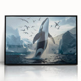 Framed wall art featuring a stunning whale design, showcasing intricate marine life details in vibrant colors, set against a sleek black frame for modern decor.