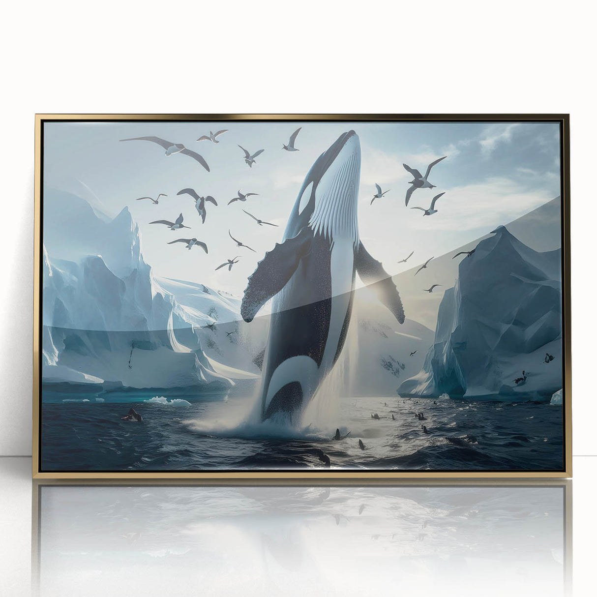 Framed wall art depicting a majestic whale design in vibrant colors, featuring a gold-acrylic finish that enhances its marine life theme and elegance. Perfect for ocean lovers.