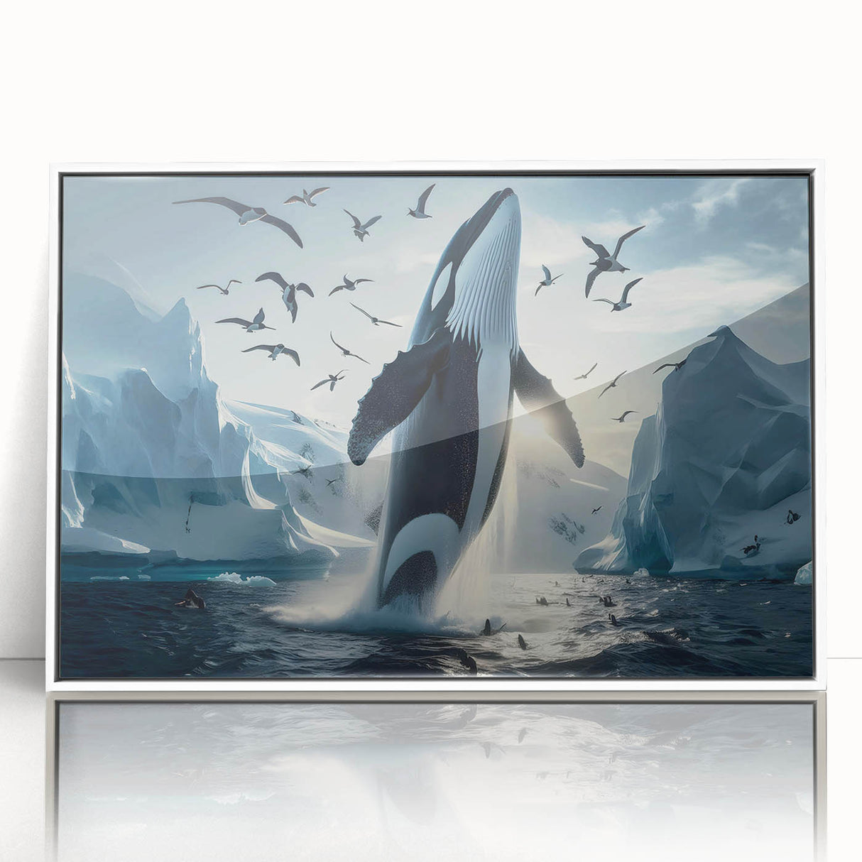 Framed wall art showcasing a stunning whale design in vibrant colors, set against a white background, perfect for marine life enthusiasts and home decor.