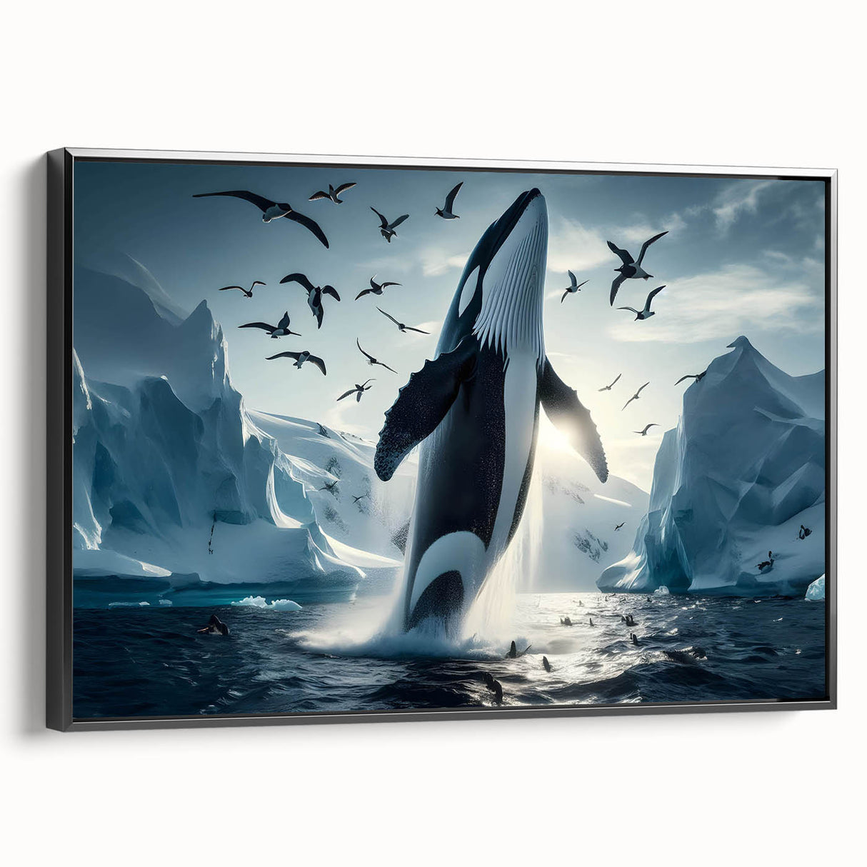Framed wall art featuring a striking whale design in vibrant blue and green colors, showcasing marine life beautifully against a black backdrop, ideal for ocean-themed decor.