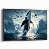 Framed wall art featuring a striking whale design in vibrant blue and green colors, showcasing marine life beautifully against a black backdrop, ideal for ocean-themed decor.