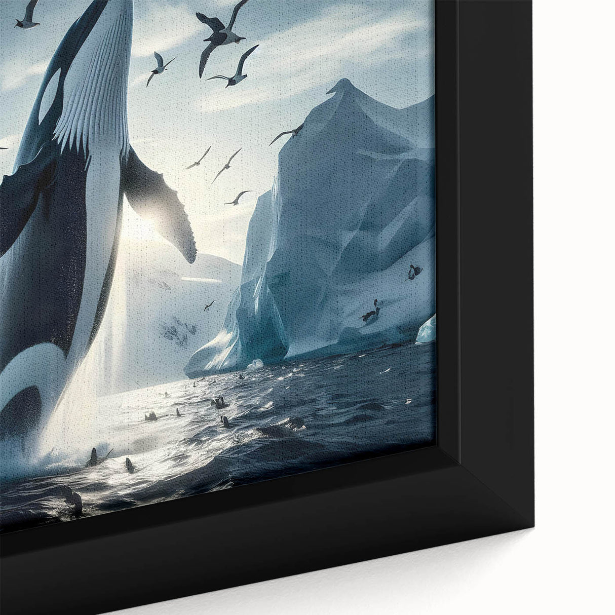 Close-up of a framed canvas wall art piece featuring a stunning marine life design showcasing a majestic whale in vibrant blues and greens, perfect for ocean-themed decor.