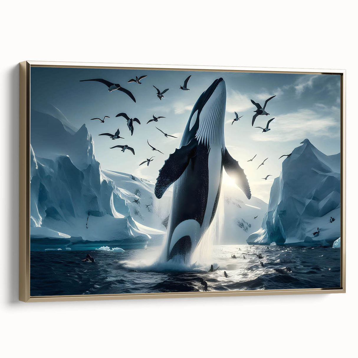 Framed canvas wall art depicting a majestic whale design in oceanic colors, featuring a sleek gold frame, perfect for marine-themed decor.