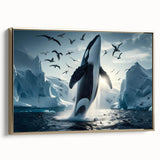 Framed canvas wall art depicting a majestic whale design in oceanic colors, featuring a sleek gold frame, perfect for marine-themed decor.