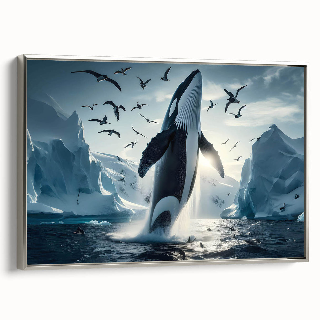 Framed canvas wall art showcasing a silver-hued whale design, perfect for marine life enthusiasts, set against a minimalist background, enhancing modern decor.