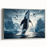 Framed canvas wall art showcasing a silver-hued whale design, perfect for marine life enthusiasts, set against a minimalist background, enhancing modern decor.