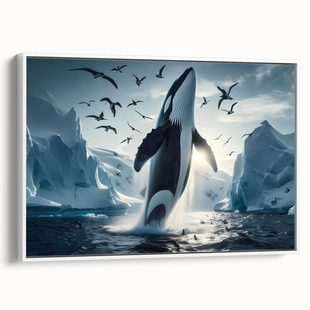 Framed canvas wall art showcasing a detailed marine life design featuring a majestic whale, set against a white background, ideal for ocean-themed decor.