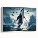 Framed canvas wall art showcasing a detailed marine life design featuring a majestic whale, set against a white background, ideal for ocean-themed decor.