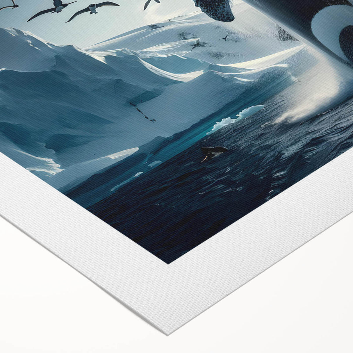 Vibrant rolled canvas wall art depicting a majestic blue whale swimming gracefully through a colorful marine life scene, perfect for ocean-themed decor.