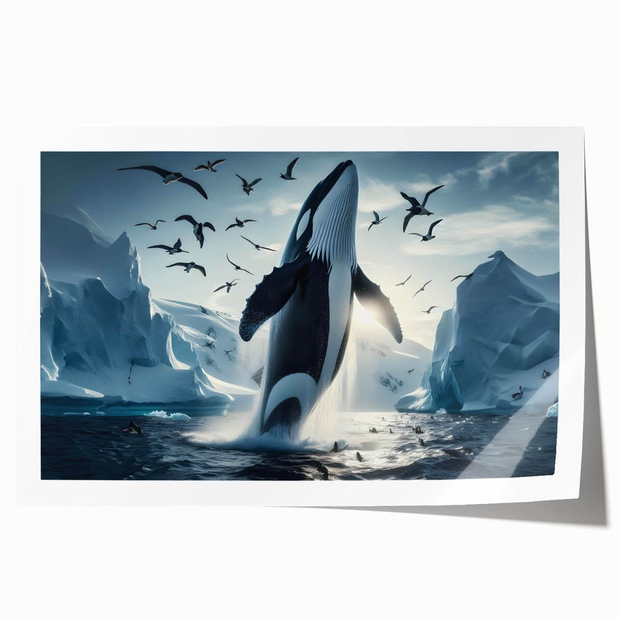 Whale-themed wall art print showcasing vibrant marine life colors, ideal for ocean lovers, rolled and securely packaged in a protective tube. Perfect for home decor.