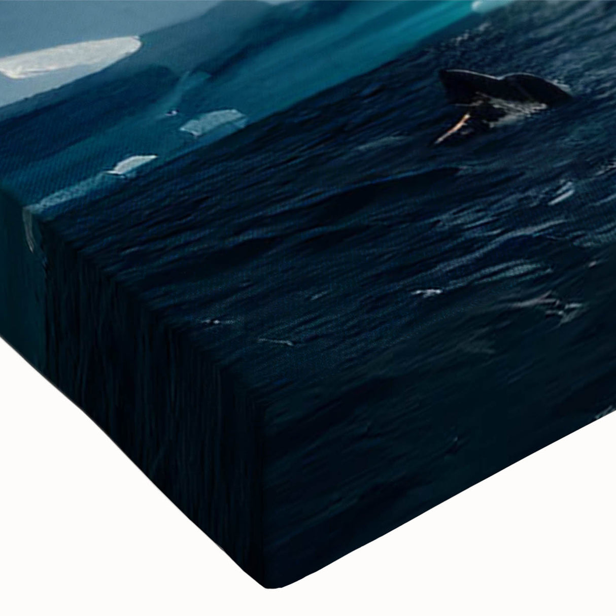 Close-up of a vibrant whale design on stretched canvas wall art, showcasing intricate marine life details and rich colors, perfect for ocean-themed decor.