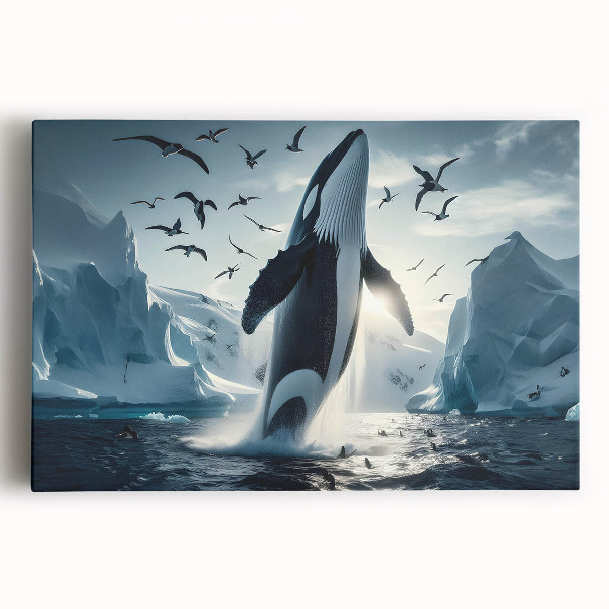 Stretched canvas wall art featuring a vibrant blue whale design set against a soothing oceanic background, perfect for marine life enthusiasts and coastal decor.