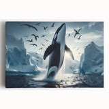 Stretched canvas wall art featuring a vibrant blue whale design set against a soothing oceanic background, perfect for marine life enthusiasts and coastal decor.