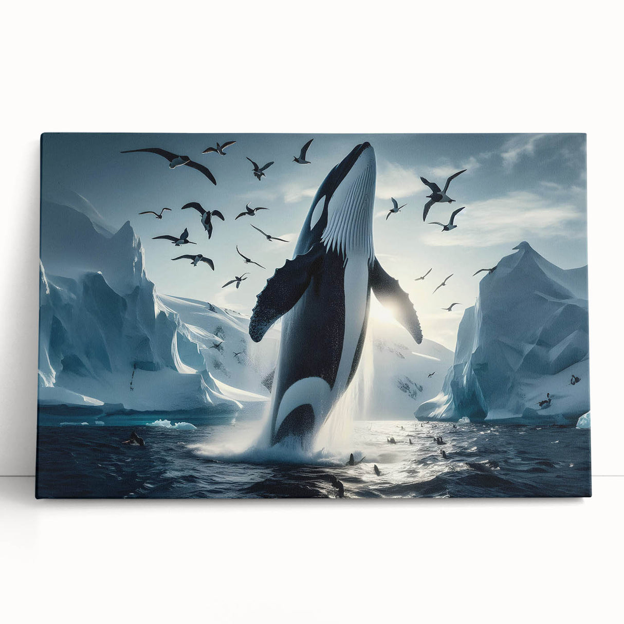 Stretched canvas wall art featuring a majestic blue whale design, showcasing vibrant colors and intricate details, perfect for marine life enthusiasts.