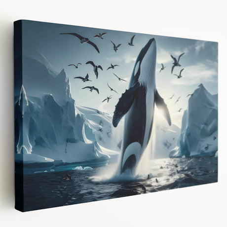 Stretched canvas wall art showcasing a detailed side view of a majestic whale, designed with vibrant marine life colors, perfect for ocean-themed decor.