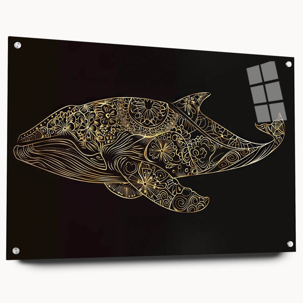 Side view of a marine life-themed wall art piece showcasing a whale design, made from acrylic glass with decorative pins, ideal for ocean lovers' decor.