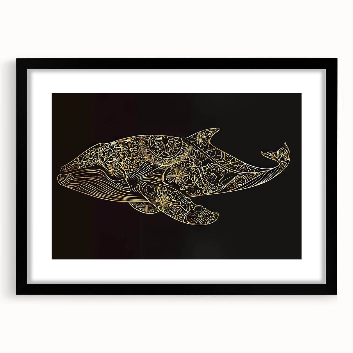 Framed wall art featuring a beautiful whale design in a marine life theme, presented in a black frame with a mat, ideal for ocean lovers' decor.