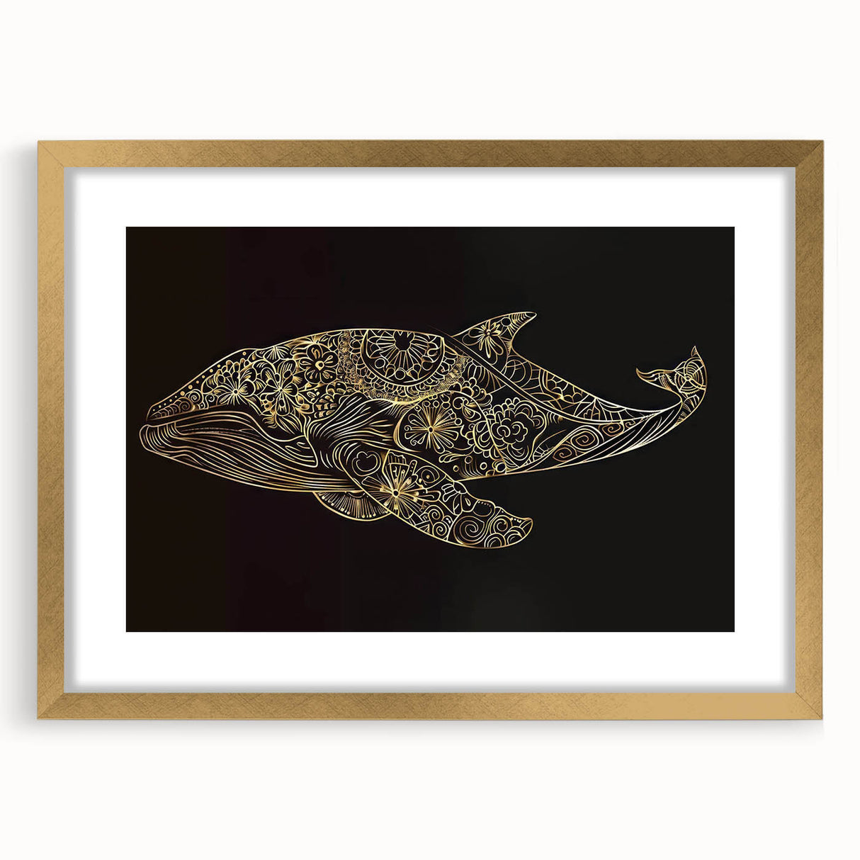 Elegant wall art featuring a gold-framed design of marine life with a majestic whale, showcasing intricate details against a soft background, perfect for ocean-themed decor.